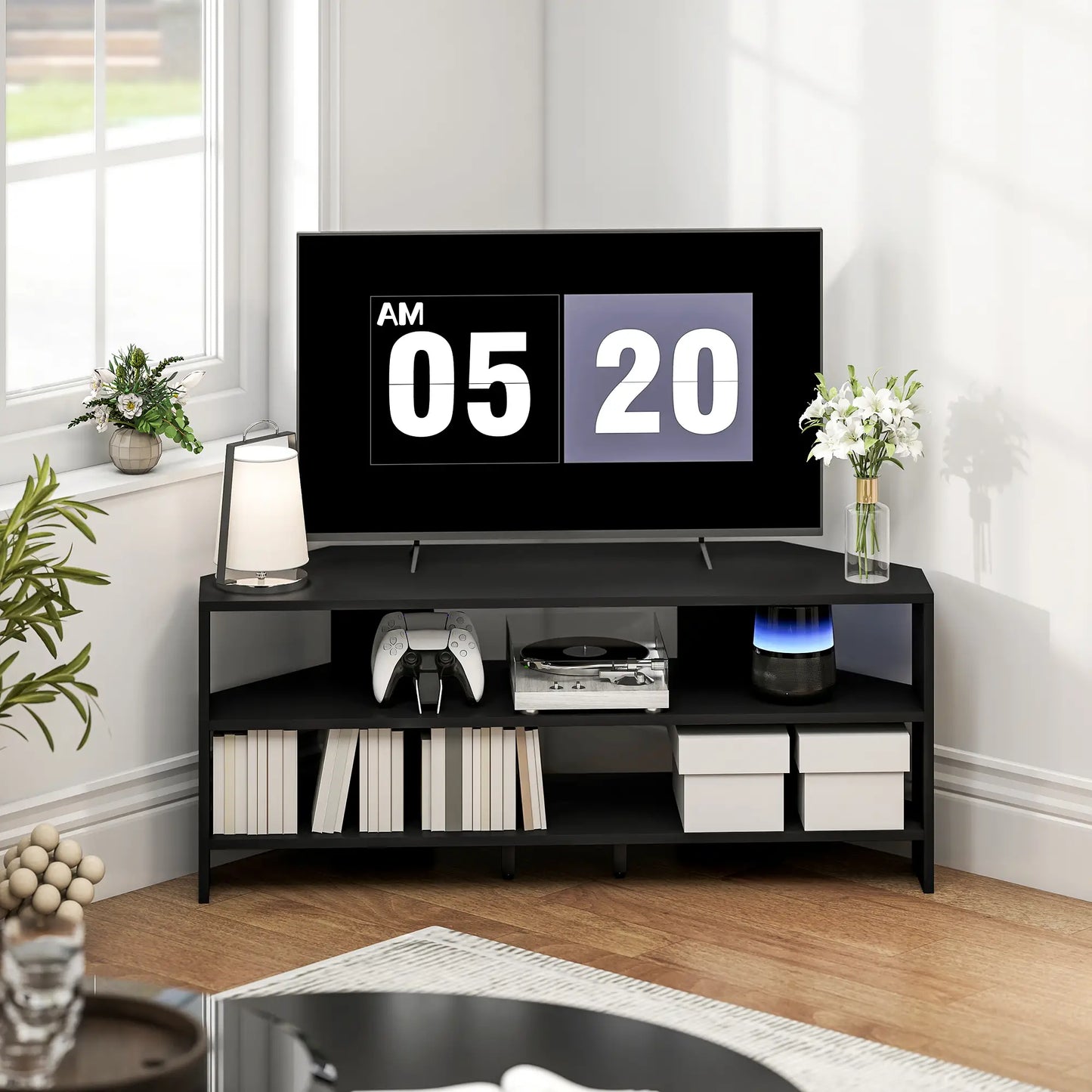 Corner TV Stand, 47 Inch, Modern Table With 2 Shelves, Black TV Stands at Gallery Canada