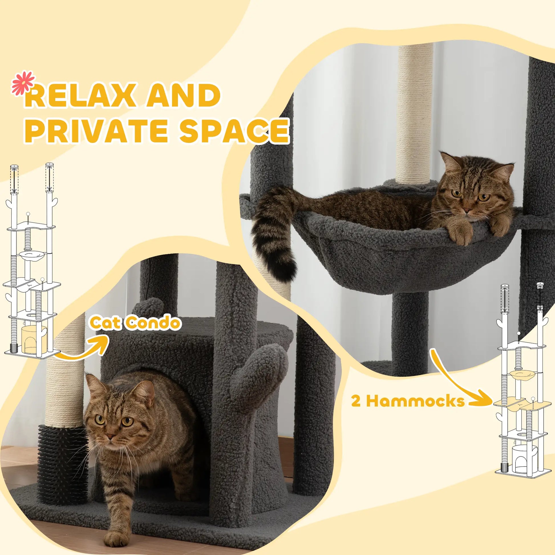 89"-100" Cat Tree Tower for Large Cats, Scratching Posts, Grooming Brush, Grey Floor to Ceiling Cat Trees at Gallery Canada