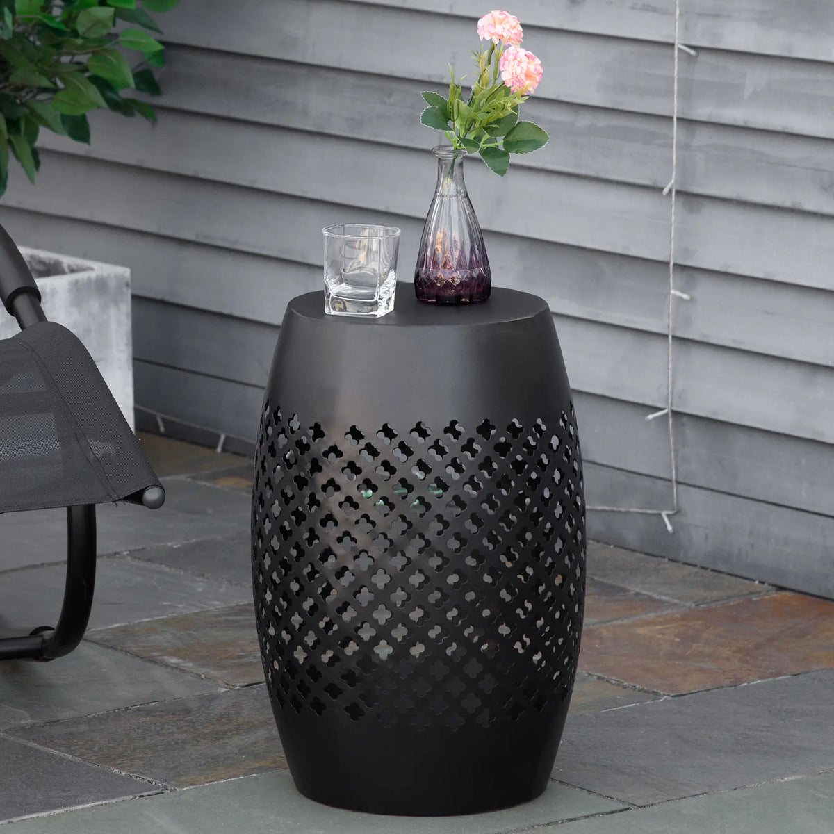 12" Steel Patio End Table, Round Hollow Drum Side, Black Patio Side Tables at Gallery Canada