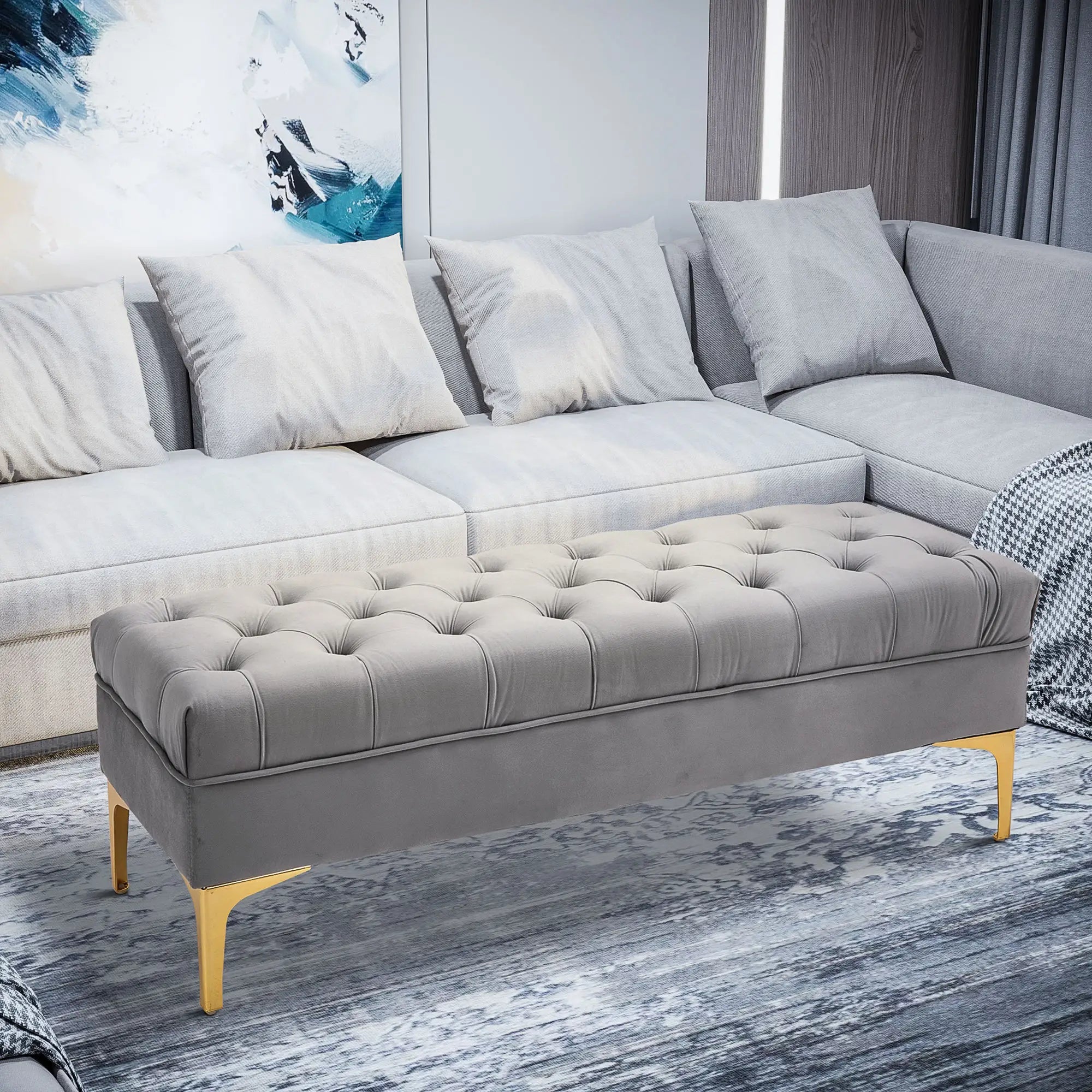 Upholstered End of Bed Bench, Button Tufted, Grey Storage Ottomans & Benches at Gallery Canada