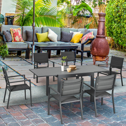 7-Piece Patio Dining Set for 6, Aluminum Table, Stackable Chairs, Dark Gray
