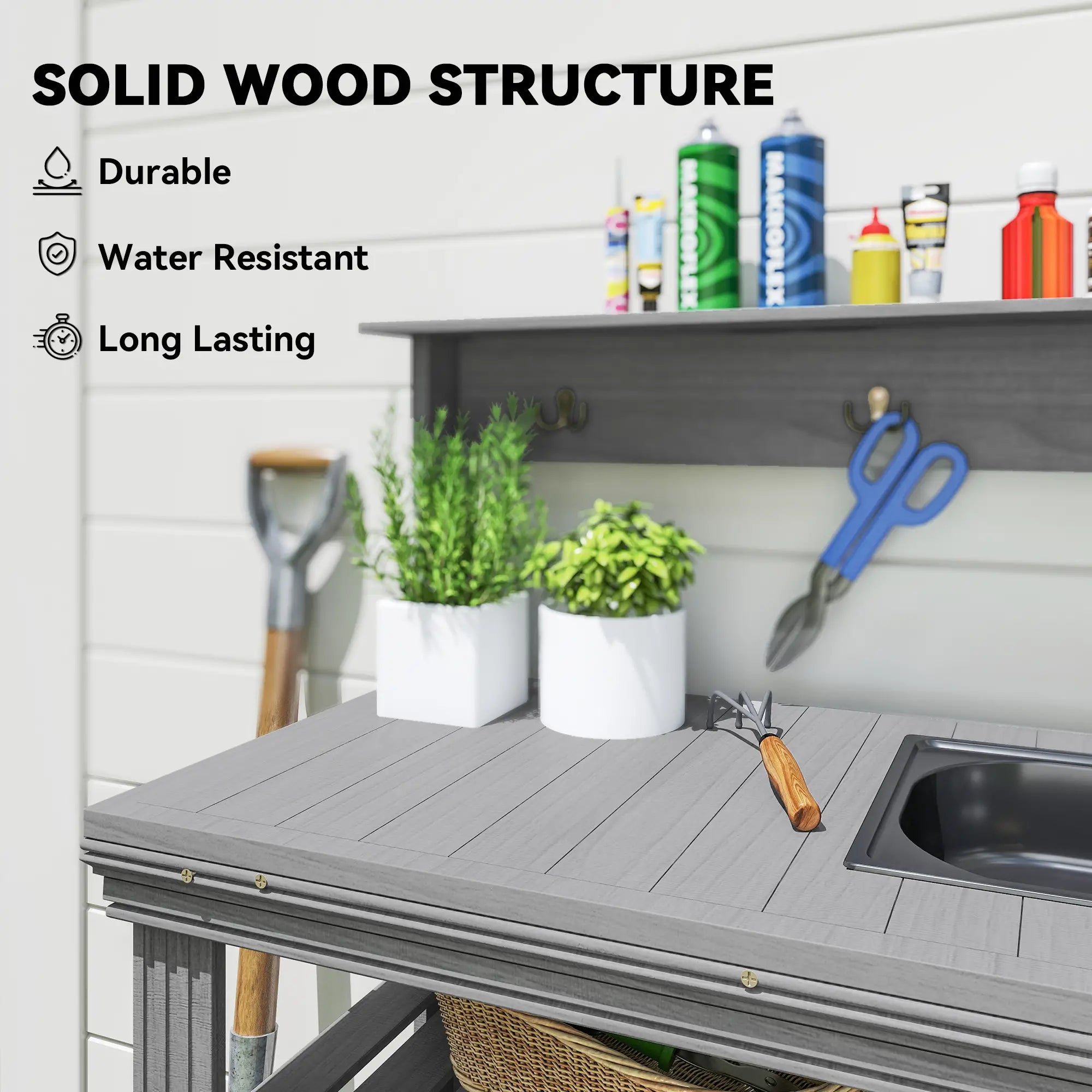 Outdoor Potting Bench With Faucet, Removable Sink, Hooks, Storage Shelves, Grey Potting Benches & Tables at Gallery Canada
