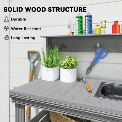 Outdoor Potting Bench With Faucet, Removable Sink, Hooks, Storage Shelves, Grey Potting Benches & Tables at Gallery Canada