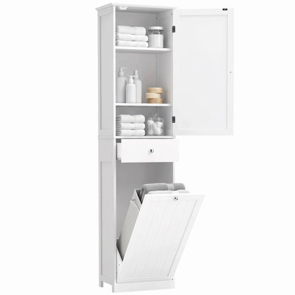 71" Tall Bathroom Storage Cabinet, Narrow with Laundry Basket, White
