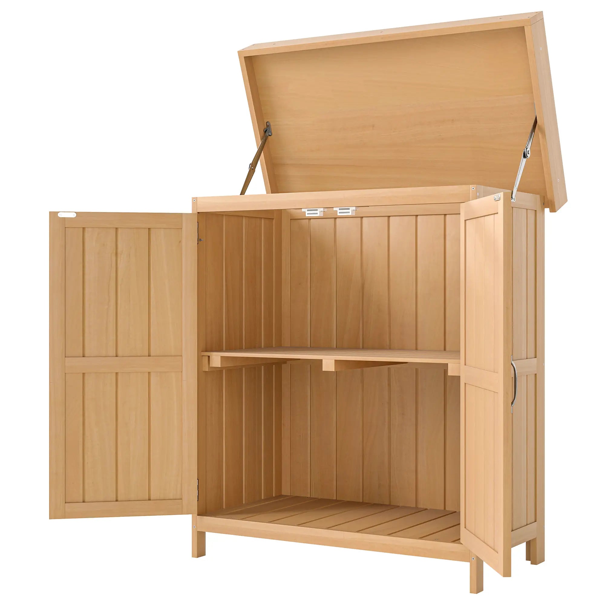 Wooden Garden Tool Shed, Hinged Roof, 2-Tier Shelves, Double Doors, 74x43x88cm, Natural Wood Sheds Natural at Gallery Canada