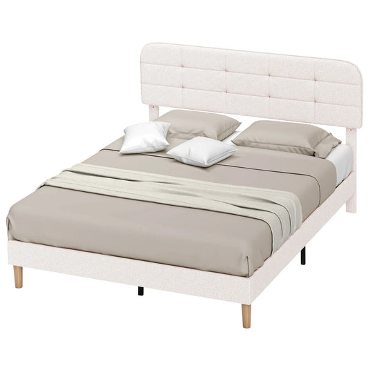 Queen Size Upholstered Platform Bed Frame, Adjustable Headboard, White