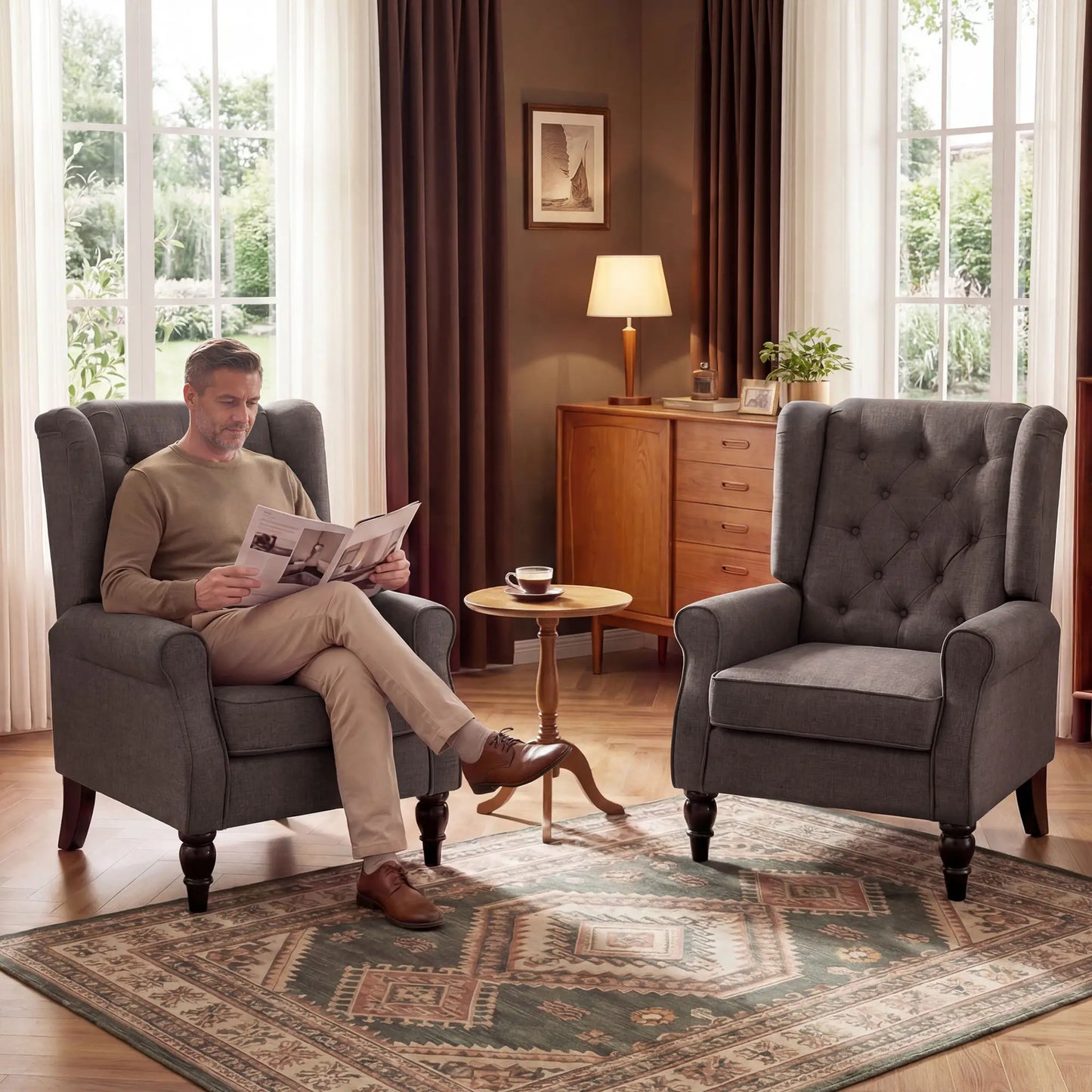Fabric Accent Chair, Button Tufted Armchair, Wingback, Brown Single Sofas at Gallery Canada