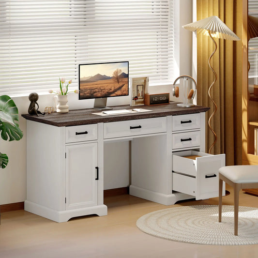 58 Inch Home Office Desk, Farmhouse Executive Desk with Drawers, White Computer Desks White, Dark Brown at Gallery Canada