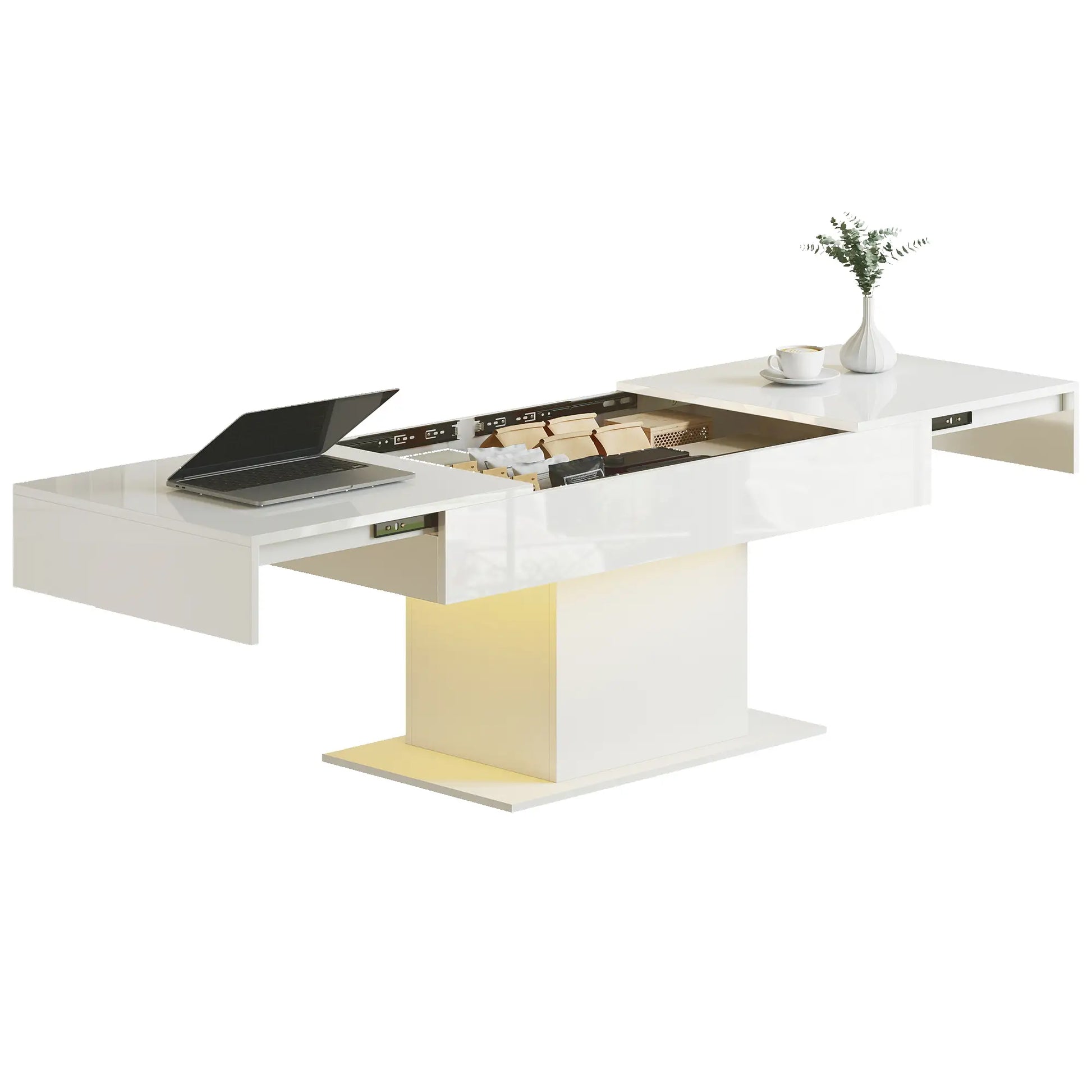 Extendable Coffee Table with LED Lights, Modern High Gloss Center Table with Hidden Storage, White Coffee Tables at Gallery Canada