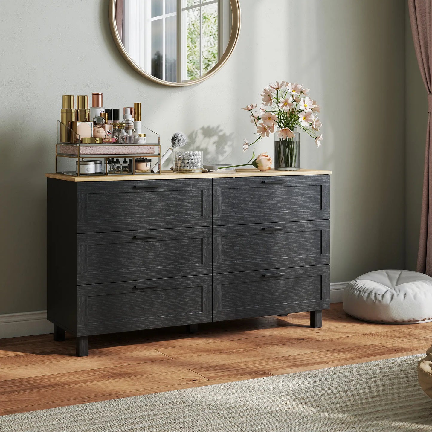 47" Wide Chest Of Drawers, Modern Dresser, 6 Drawers, Wood Legs, Black Storage Cabinets at Gallery Canada