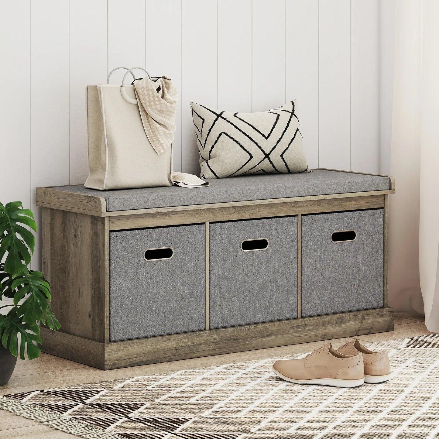 Shoe Storage Bench with Seat, 3 Fabric Drawers, Washed Grey Shoe Storage Cabinets & Racks at Gallery Canada