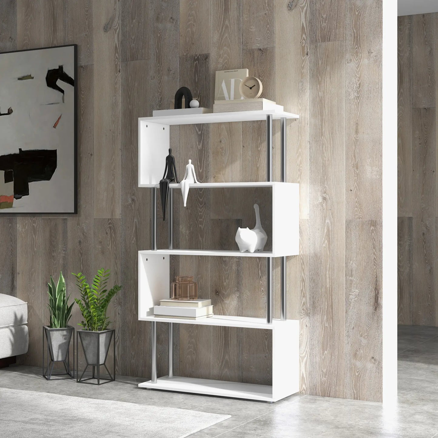 5-Tier Geometric Wooden Bookcase, S-Shaped Storage, White Display Bookshelves at Gallery Canada