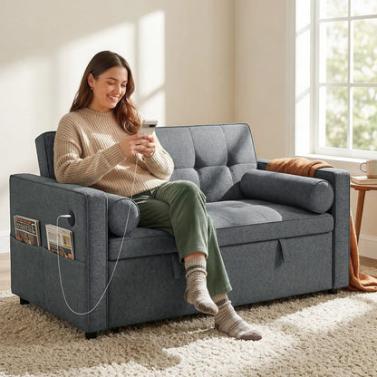 Pull Out Sofa Bed With USB Ports, Linen Loveseat Futon, Dark Grey 2-Seater Sofas at Gallery Canada