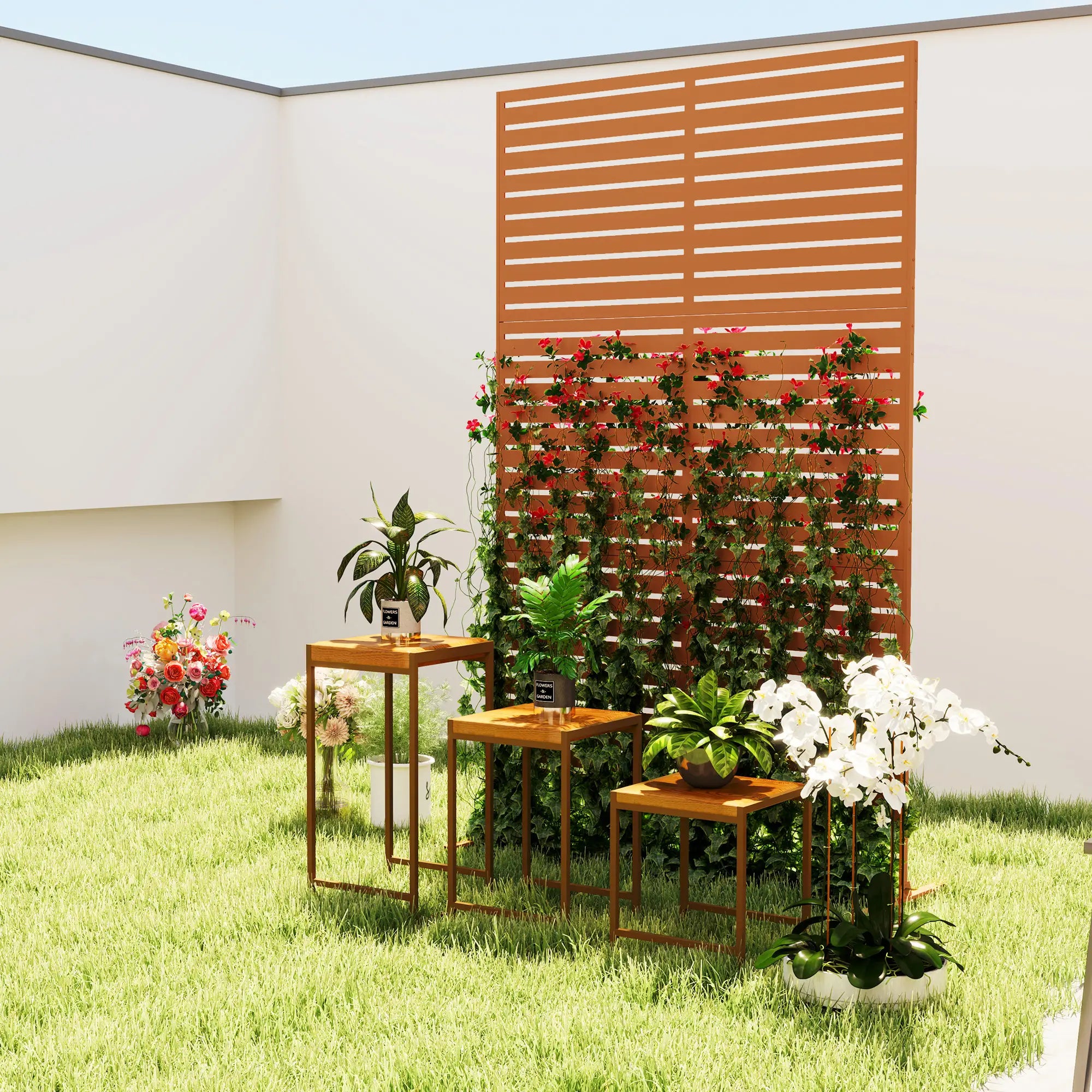 Decorative Outdoor Privacy Panel, Freestanding Metal Divider, Brown Side Awnings at Gallery Canada