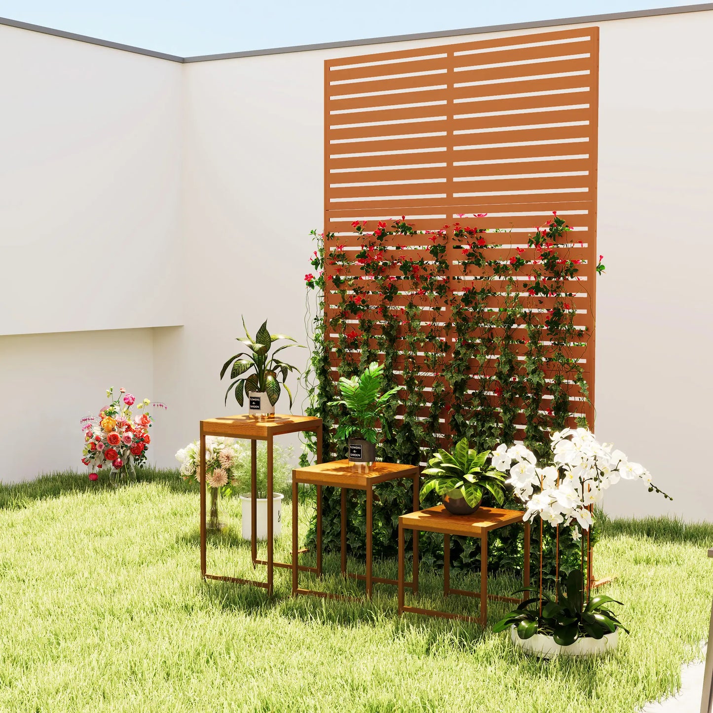 Decorative Outdoor Privacy Panel, Freestanding Metal Divider, Brown Side Awnings at Gallery Canada