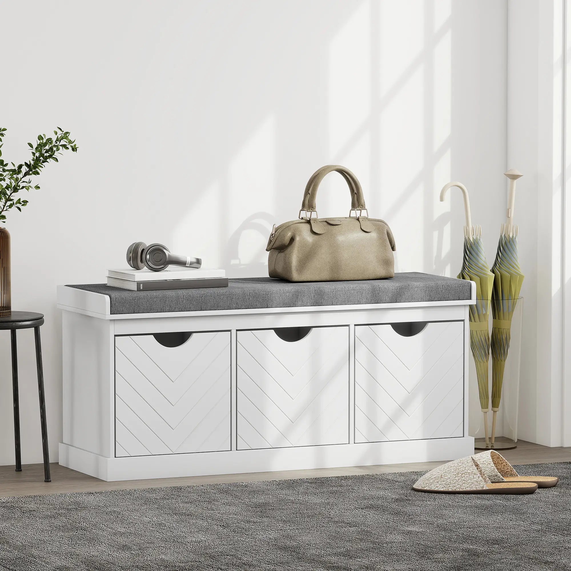 Shoe Storage Bench, 3 Drawers, Padded Seat, White Shoe Storage Cabinets & Racks at Gallery Canada