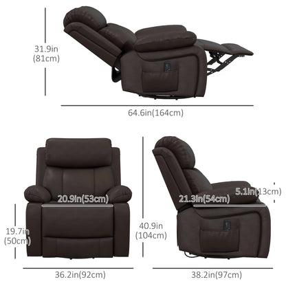 PU Leather Reclining Chair, Vibration Massage, Swivel Rocking, Remote, Brown Single Sofas at Gallery Canada