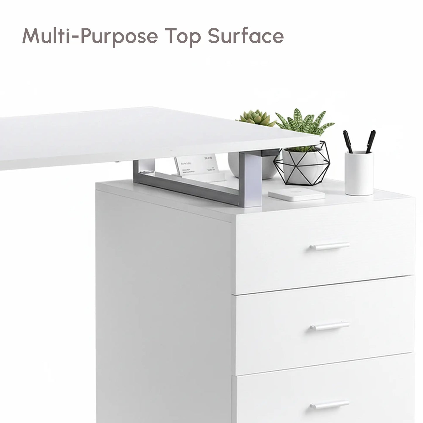 47" L Computer Desk, Metal Frame, Reversible File Drawers, White Writing Desks at Gallery Canada