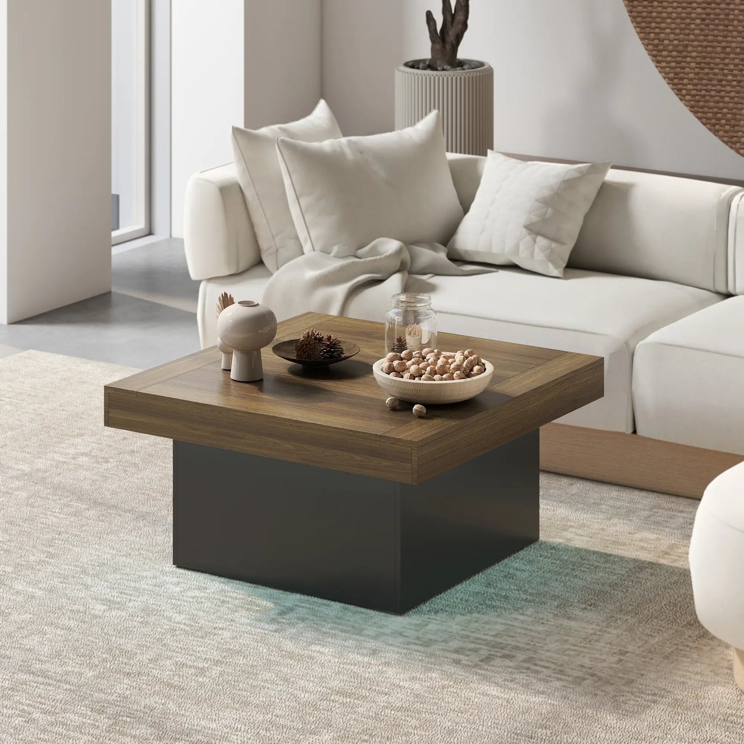 Square Coffee Table with LED Lights, 35-inch, Walnut Coffee Tables at Gallery Canada