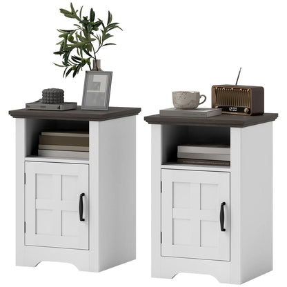 Set Of 2 Side Tables With Barn Door And Open Shelf Side Tables White and Dark Oak at Gallery Canada