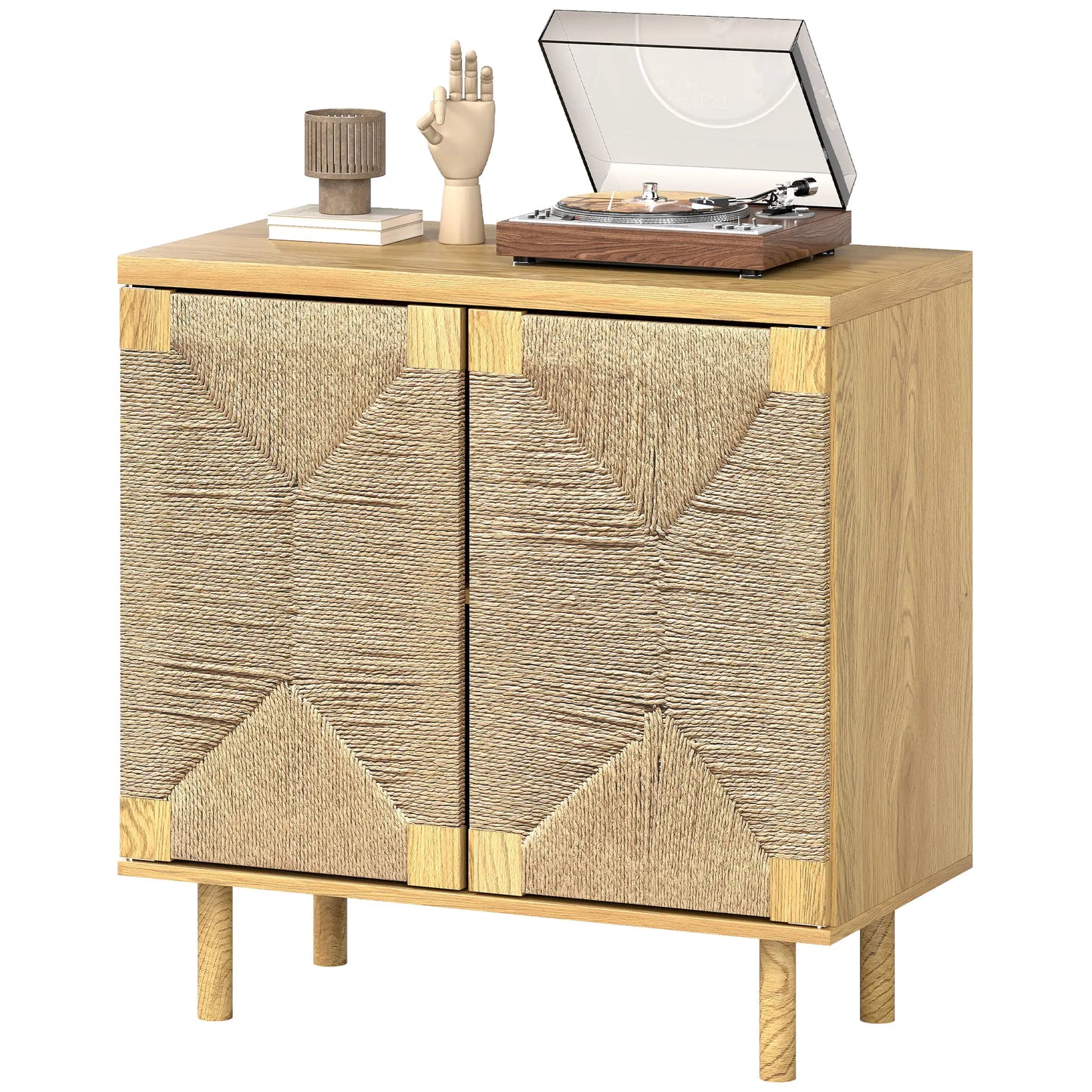 Handwoven Rope Accent Cabinet, Boho Sideboard, Push to Open Doors, Adjustable Shelf Storage Cabinets Oak at Gallery Canada