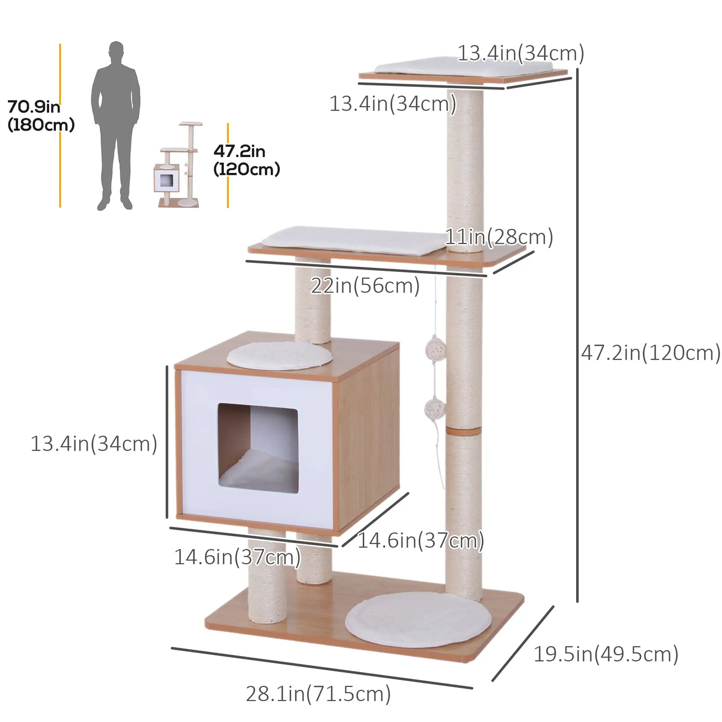 47" Wood Cat Tree, Scratching Post, Kitten House, Condo Cat Posts at Gallery Canada