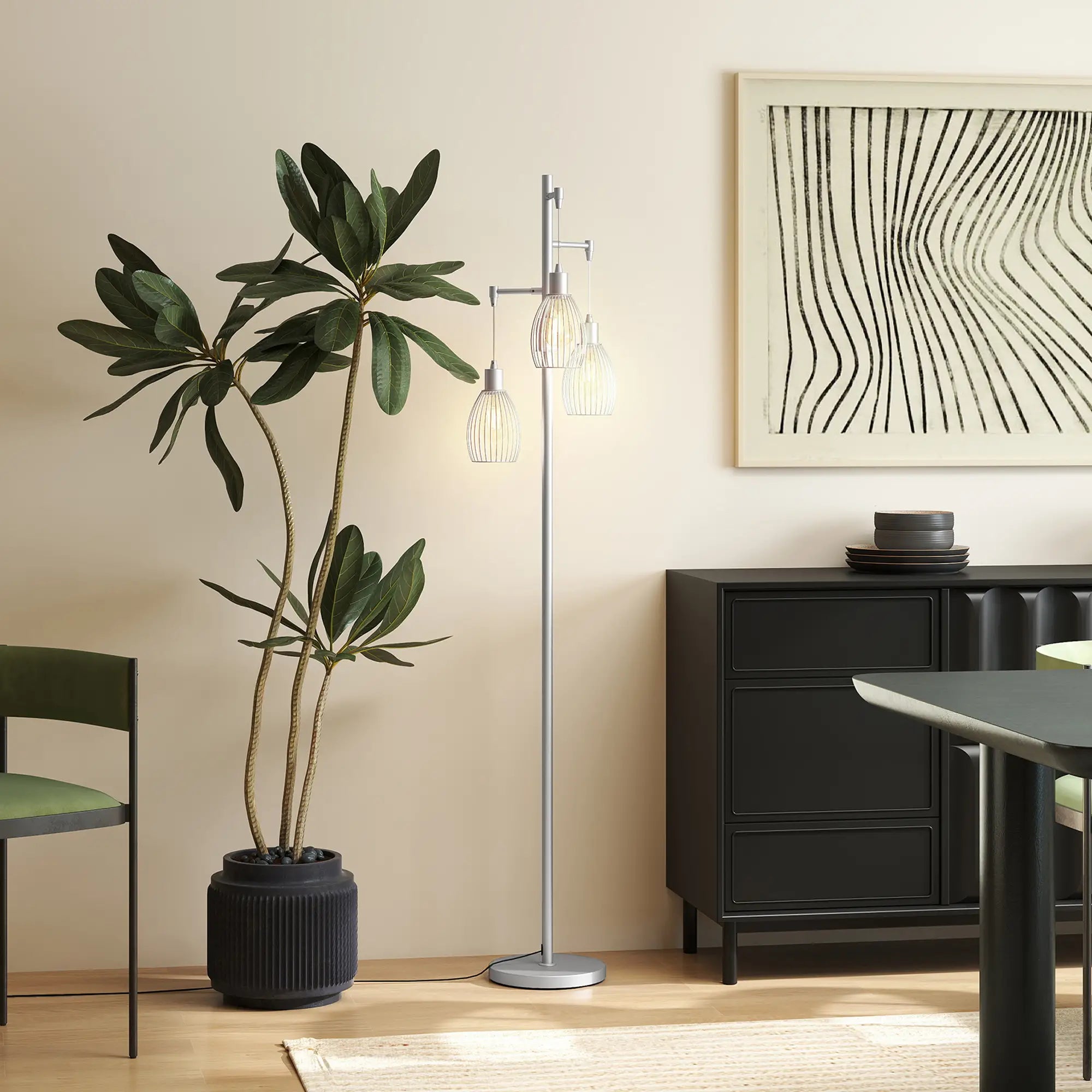 Industrial Floor Lamp, 3 Hanging Wire Lampshades, Dimmable, Silver Floor Lamps & Ceiling Fan Lights at Gallery Canada