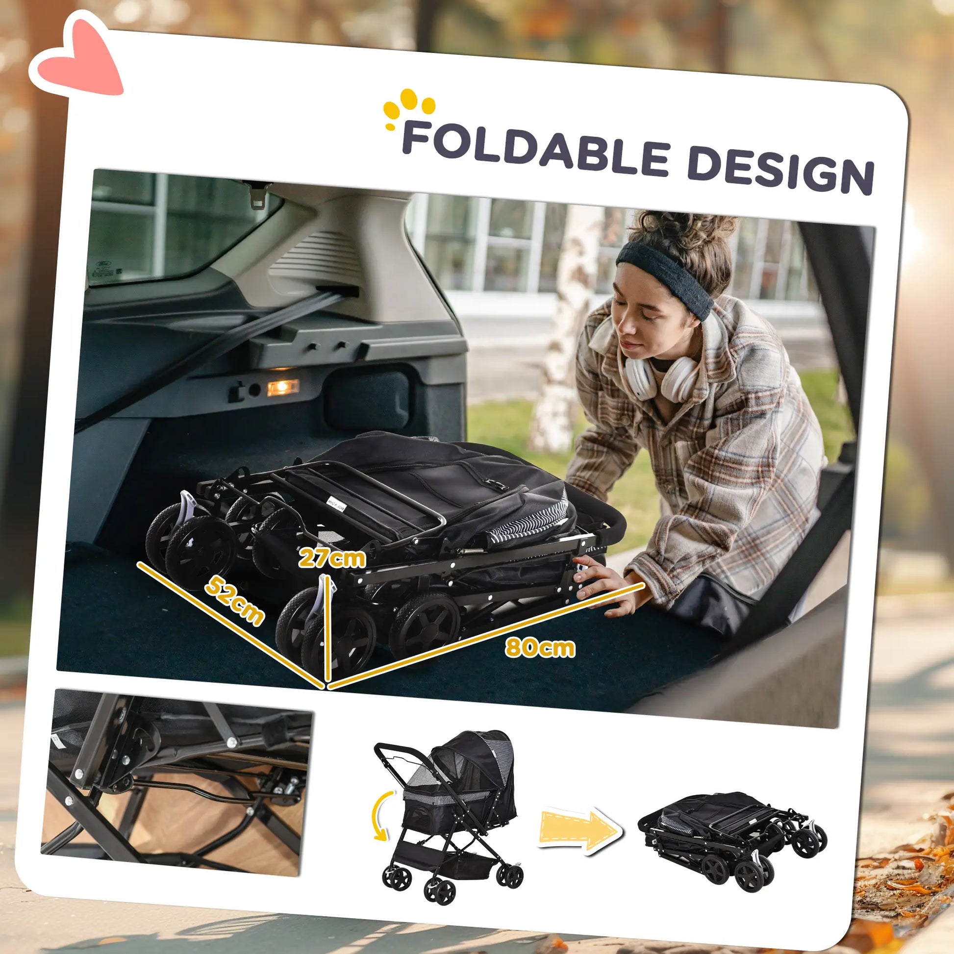 Foldable Pet Stroller, 4 Wheels, EVA Brake, 3-Stage Canopy, Mesh Window, Black Dog Bike Trailers & Strollers at Gallery Canada