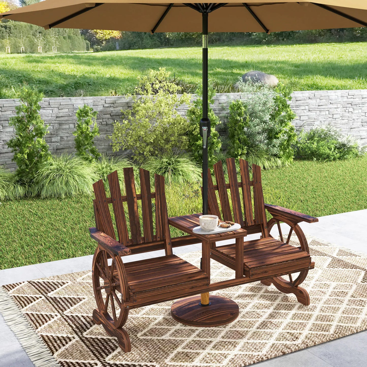Wooden Outdoor Loveseat, Wagon Wheel Bench With Table, Carbonized Outdoor Benches at Gallery Canada