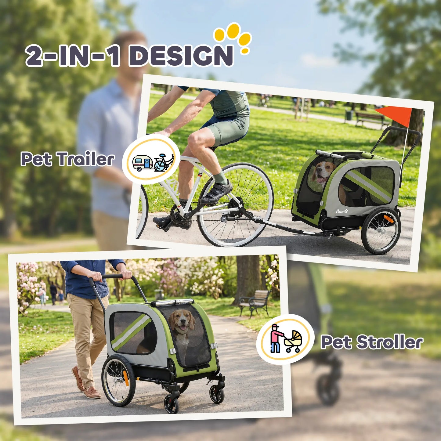 2-in-1 Dog Bike Trailer Pet Stroller, Green