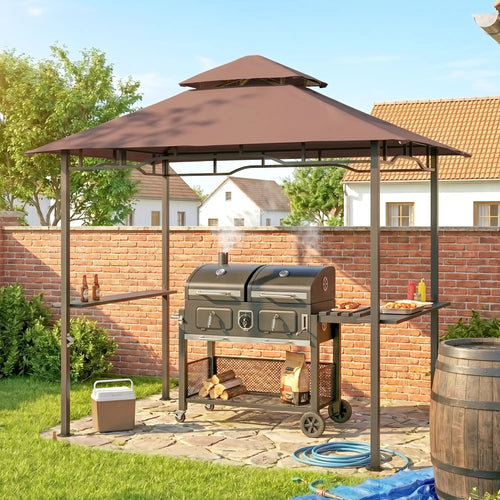 8' x 5' BBQ Grill Gazebo Tent, Double Tiered Canopy, Outdoor Sun Shade