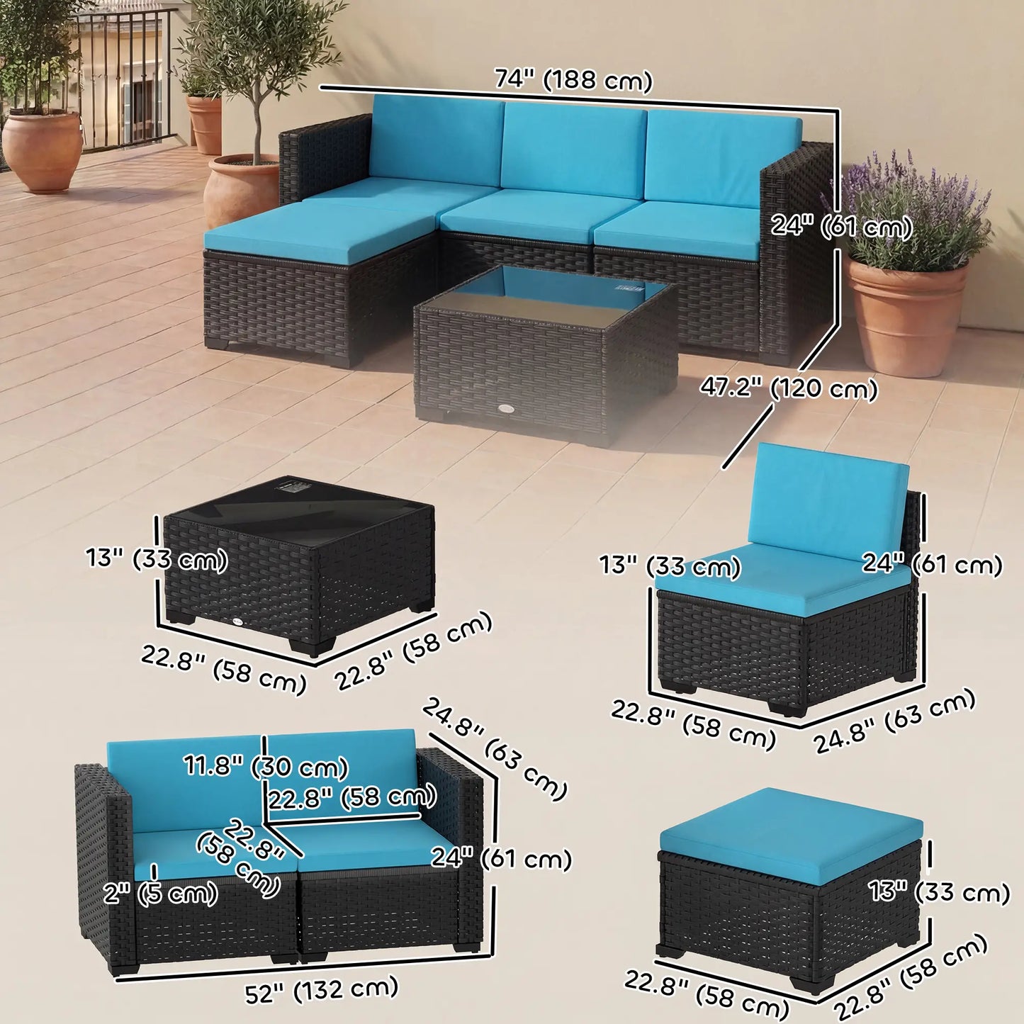 5 Piece Patio Furniture Set, L-Shape Wicker Sectional, Turquoise Patio Furniture Sets at Gallery Canada