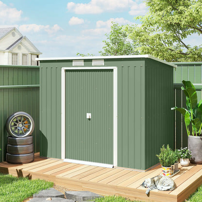 7' x 4' Galvanised Steel Garden Shed, Foundation Kit, Green Sheds at Gallery Canada