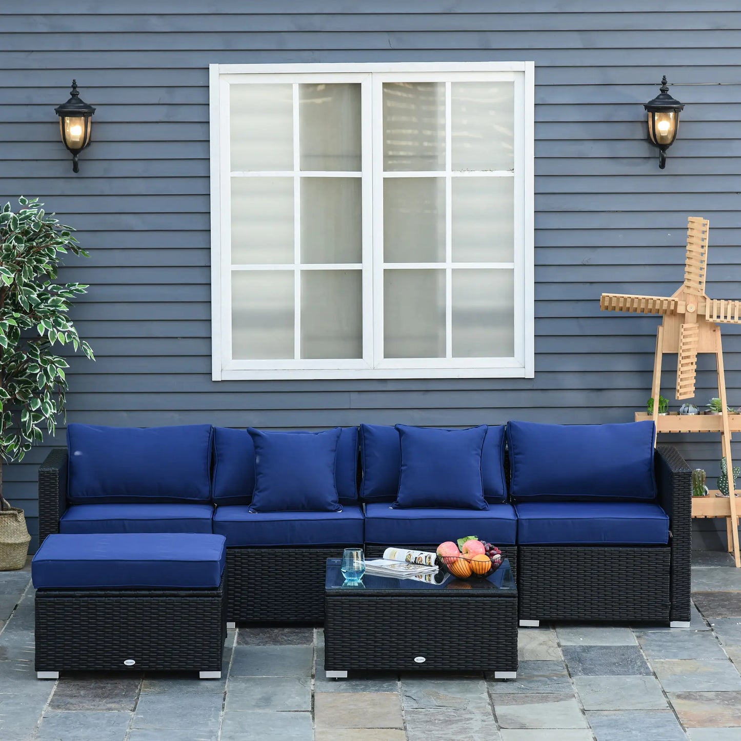 6-Piece Outdoor PE Rattan Sofa Set, Thick Cushions, Glass Top Table, Dark Blue, Black Patio Furniture Sets at Gallery Canada