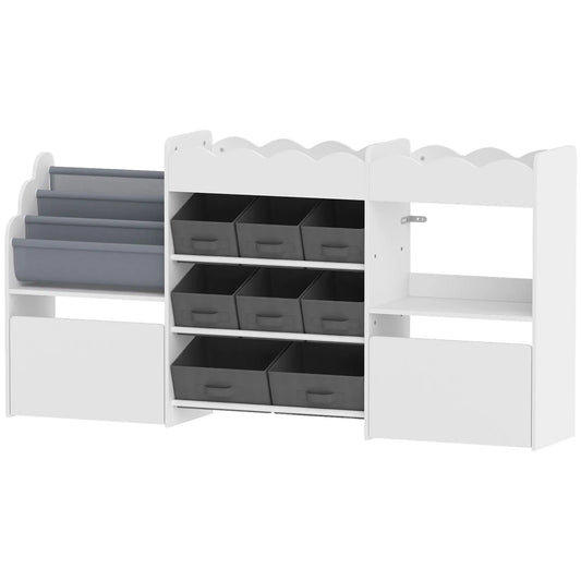 Kids Toy Storage Organizer, Bookshelf with 8 Fabric Bins, 2 Rolling Drawers, White