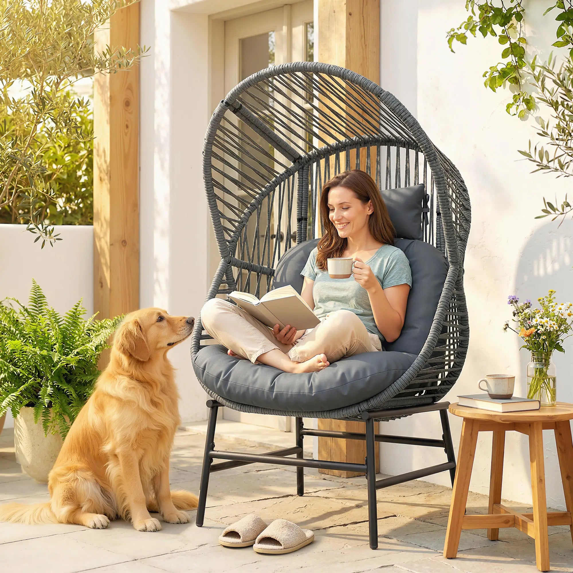 Outdoor Wicker Egg Chair, Steel Frame, 330 lbs, Dark Grey Patio Chairs at Gallery Canada