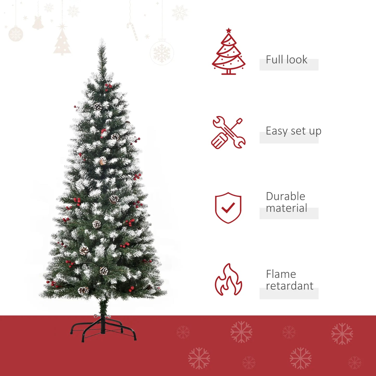 5ft Flocked Christmas Tree, Red Berries Pine Cones, Pencil Shape, Green Pencil Christmas Trees at Gallery Canada