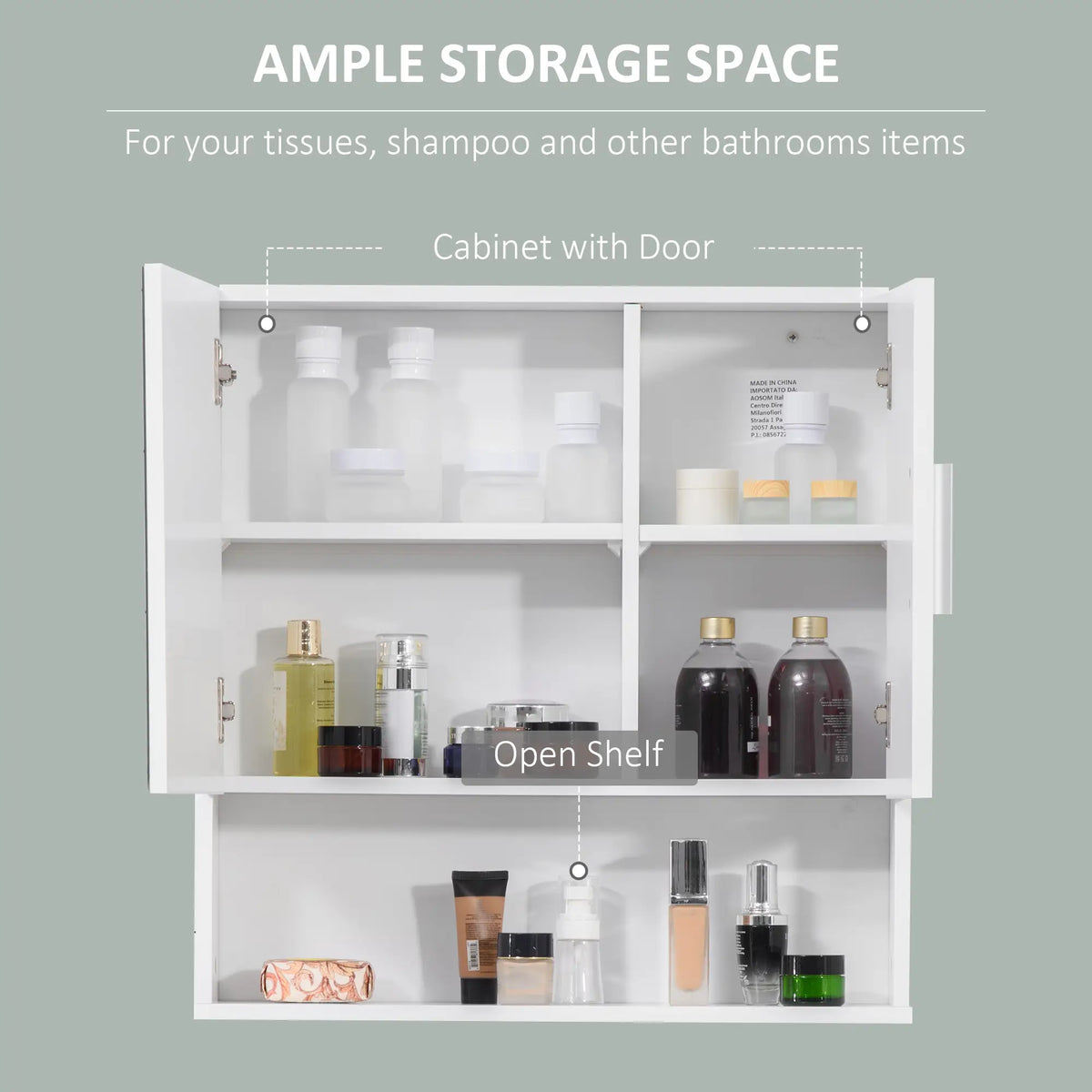 Armoire de salle de bain murale avec miroir, portes doubles, étagère réglable, blanc