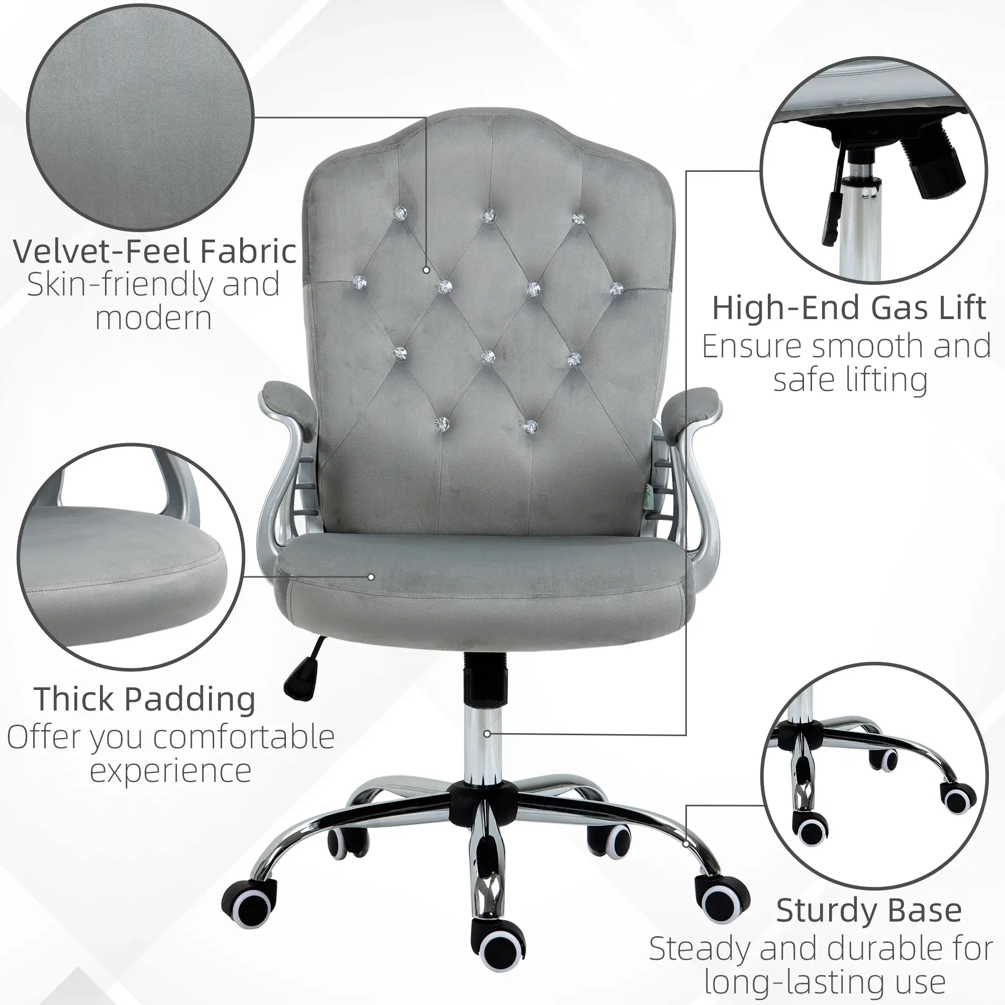 Velvet Office Chair, Button Tufted Desk Chair, Adjustable Height, Grey Executive & Manager Chairs at Gallery Canada