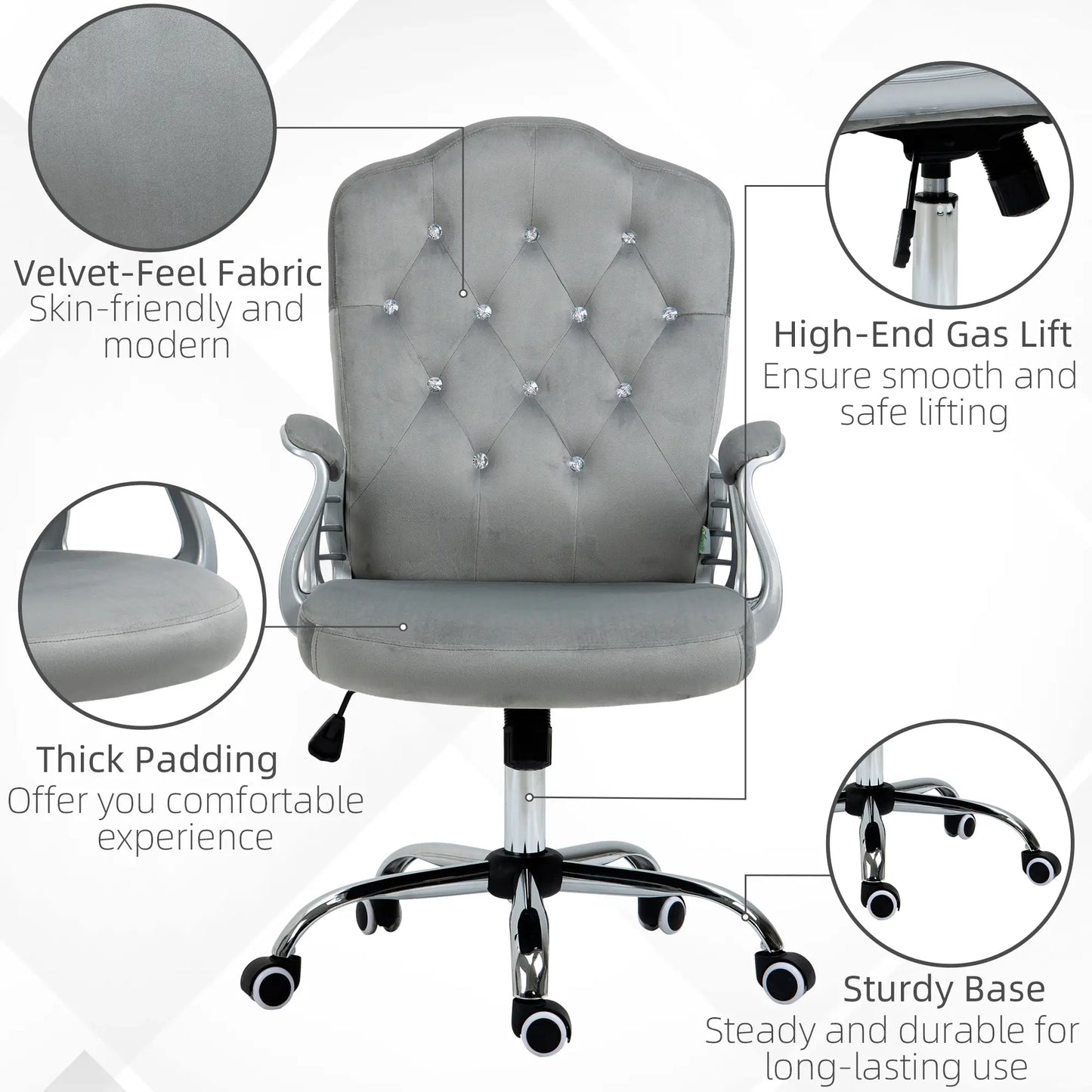 Velvet Office Chair, Button Tufted Desk Chair, Adjustable Height, Grey Executive & Manager Chairs at Gallery Canada