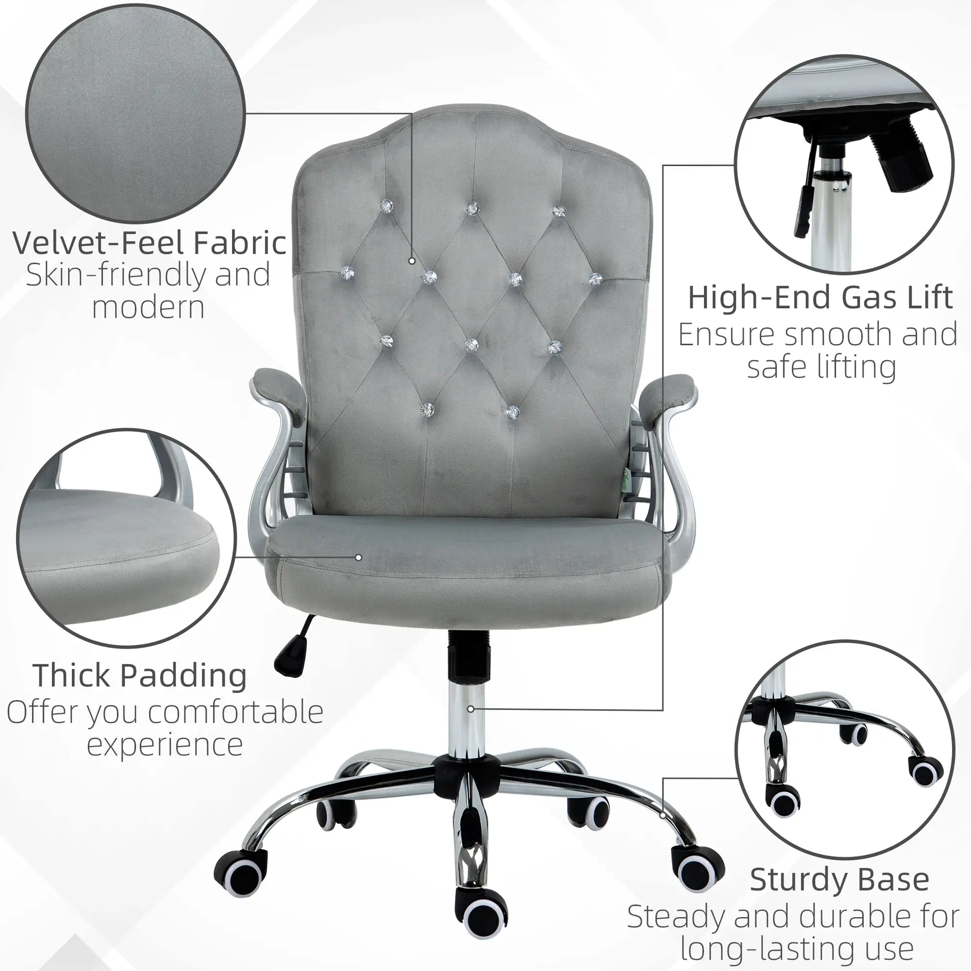 Velvet Office Chair, Button Tufted Desk Chair, Adjustable Height, Grey Executive & Manager Chairs at Gallery Canada