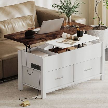 Table basse à plateau relevable, 3 compartiments cachés, 2 tiroirs en tissu