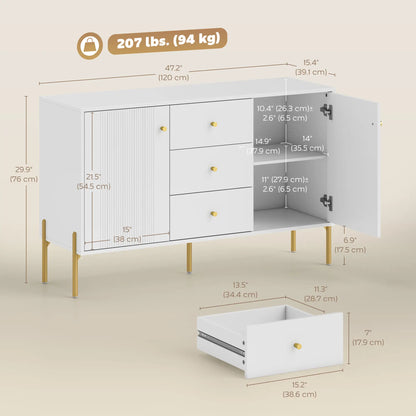 Buffet Cabinet, Modern Sideboard with 3 Drawers and 2 Shelves, White