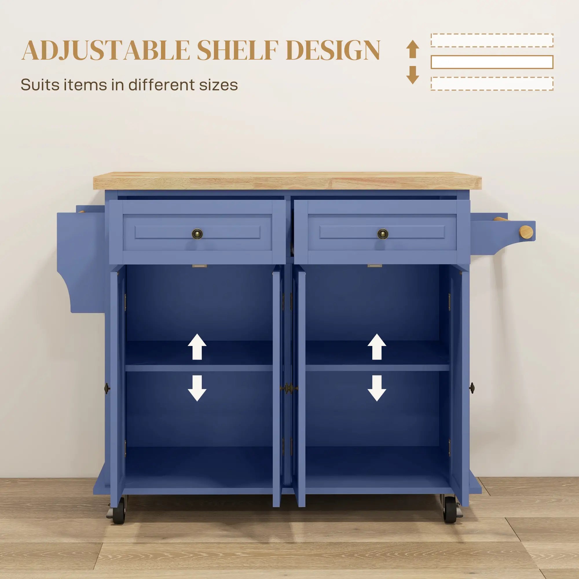 Kitchen Island with Storage, Rolling Cart, Rubber Wood Top, Navy Blue Kitchen Islands & Kitchen Carts at Gallery Canada