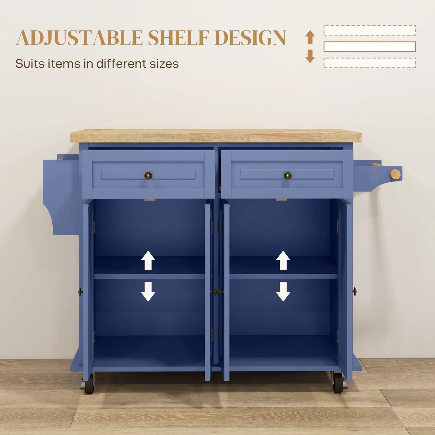 Kitchen Island with Storage, Rolling Cart, Rubber Wood Top, Navy Blue Kitchen Islands & Kitchen Carts at Gallery Canada