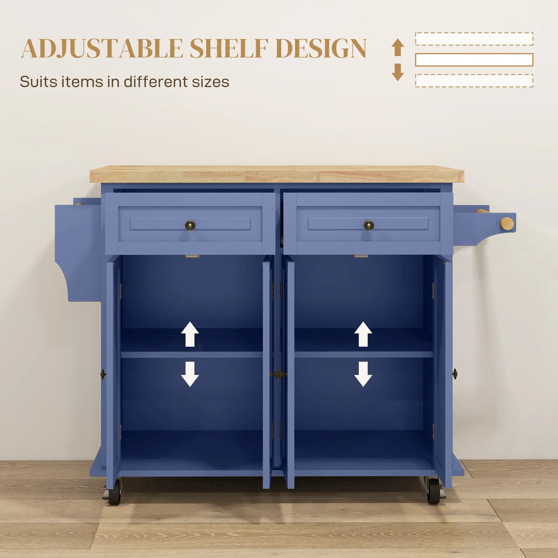 Kitchen Island with Storage, Rolling Cart, Rubber Wood Top, Navy Blue Kitchen Islands & Kitchen Carts at Gallery Canada