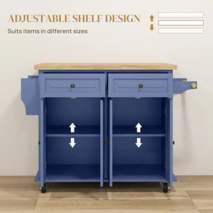 Kitchen Island with Storage, Rolling Cart, Rubber Wood Top, Navy Blue Kitchen Islands & Kitchen Carts at Gallery Canada