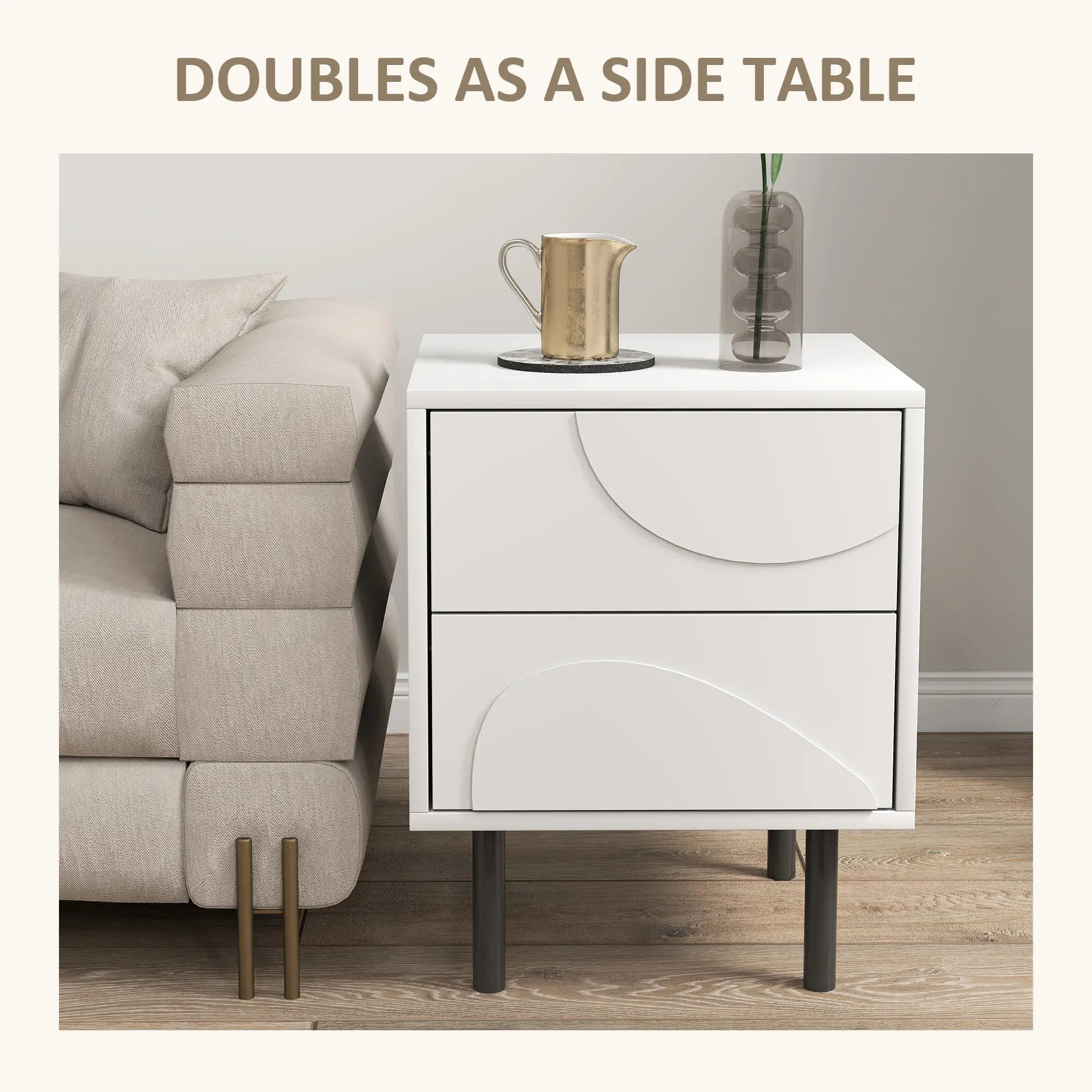 Modern Nightstand Set of 2, Push-to-Open Drawers, Steel Legs, White Bedside Tables at Gallery Canada