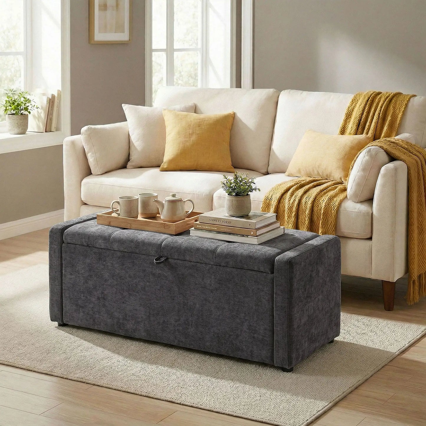 Storage Ottoman Bench, Linen Fabric, Wide Padded Seat, Dark Grey Storage Ottomans & Benches at Gallery Canada