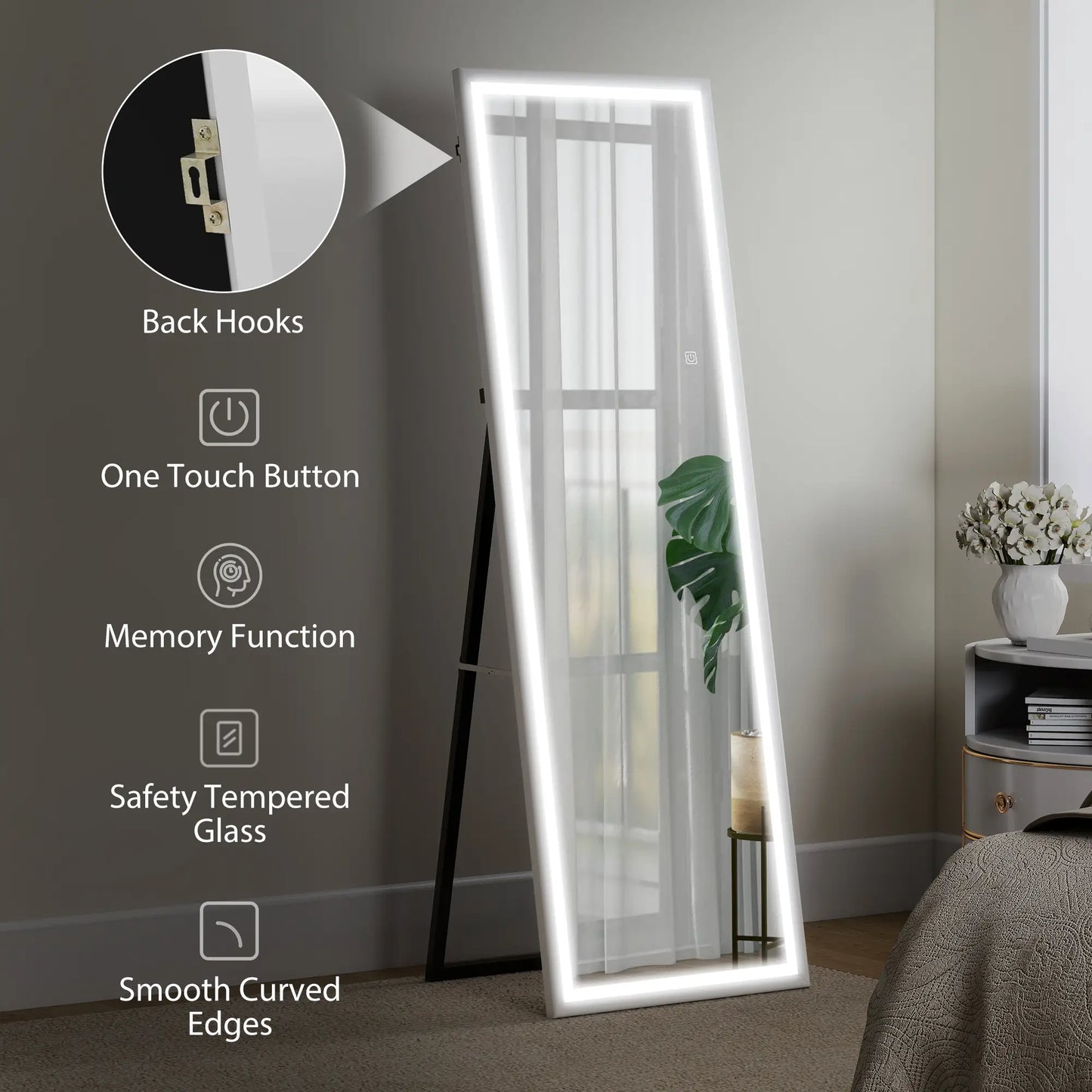 LED Mirror, Dimmable 3 Color Lights, 64" x 21" Rectangular, White Full Length Mirrors at Gallery Canada